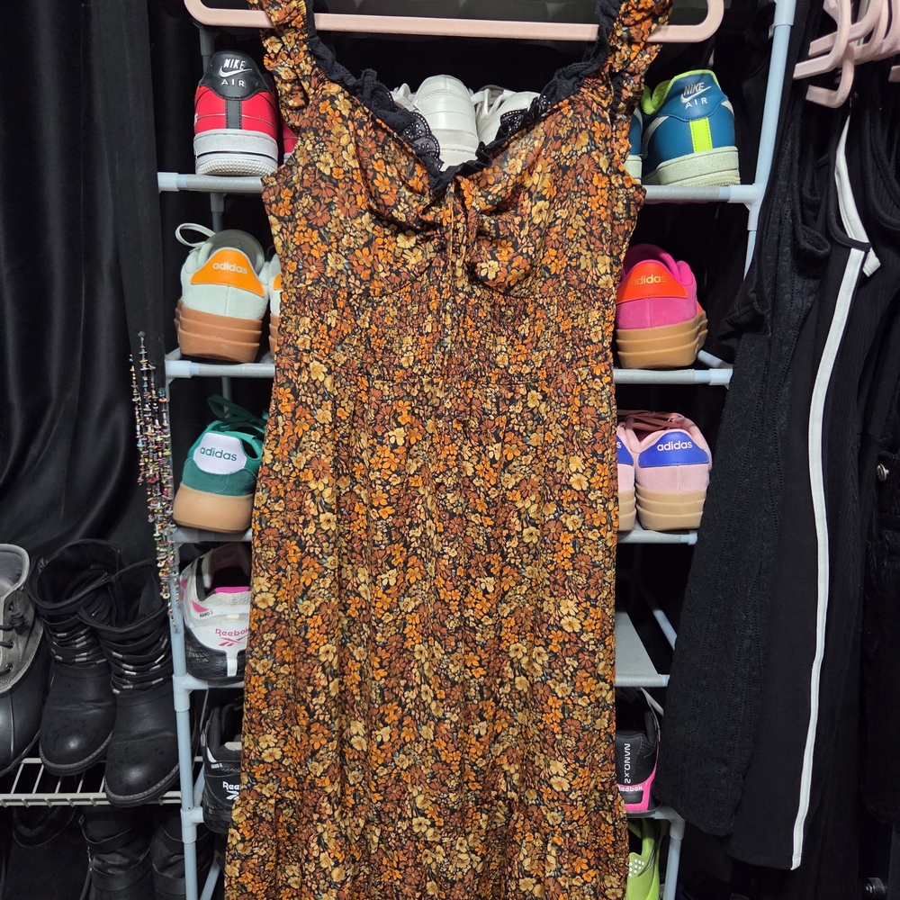 Fall Vibe Off Shoulder Floral Ruffle Trim Dress, Size M